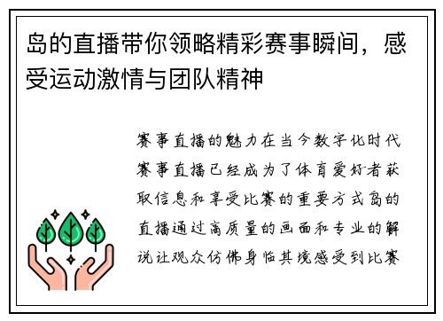 岛的直播带你领略精彩赛事瞬间，感受运动激情与团队精神