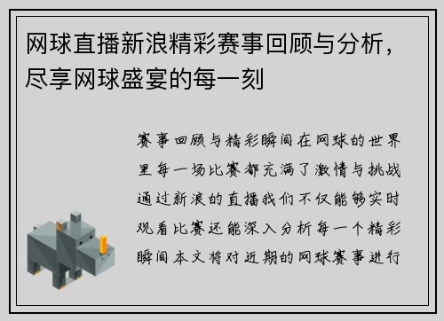 网球直播新浪精彩赛事回顾与分析，尽享网球盛宴的每一刻