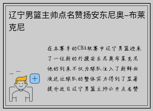 辽宁男篮主帅点名赞扬安东尼奥-布莱克尼