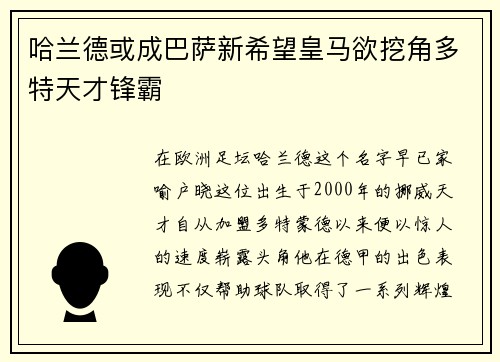 哈兰德或成巴萨新希望皇马欲挖角多特天才锋霸