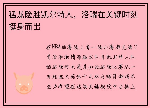 猛龙险胜凯尔特人，洛瑞在关键时刻挺身而出
